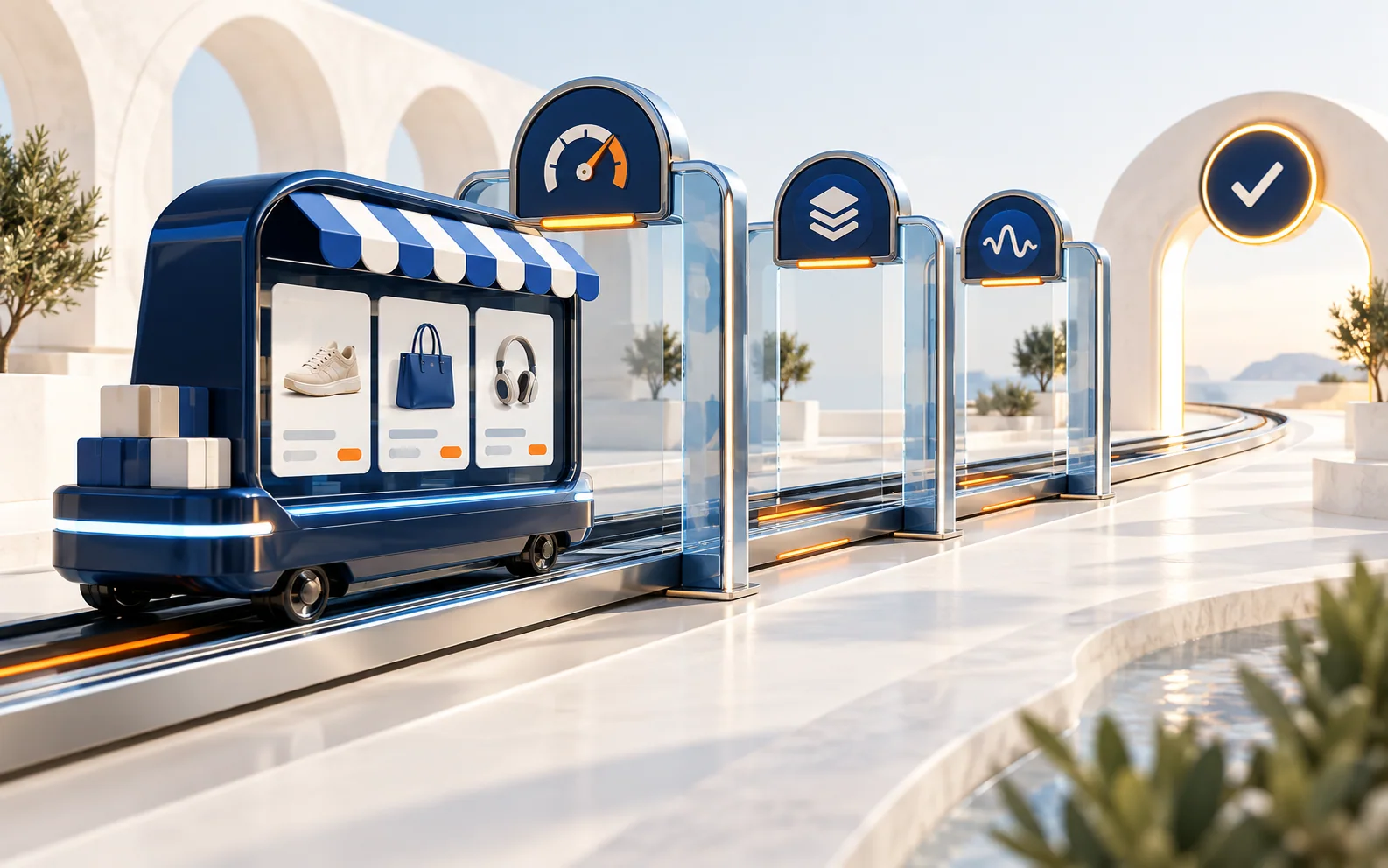 An ecommerce storefront moving through a sequence of web performance quality gates