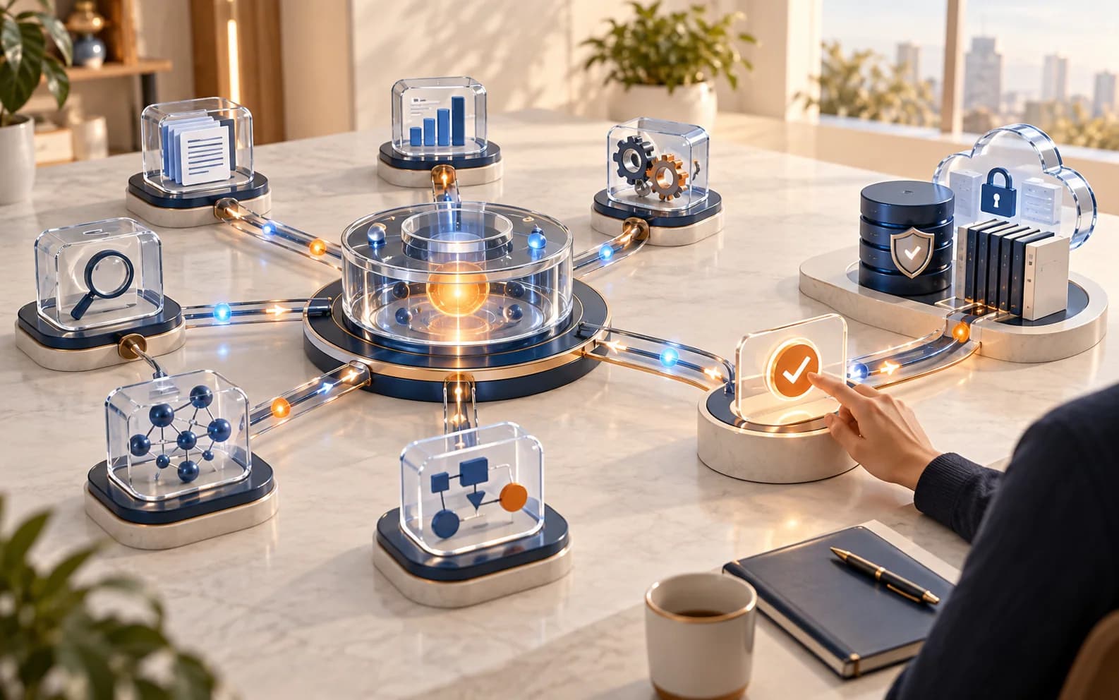 Governed enterprise AI agents connected through an orchestration hub and human approval checkpoint