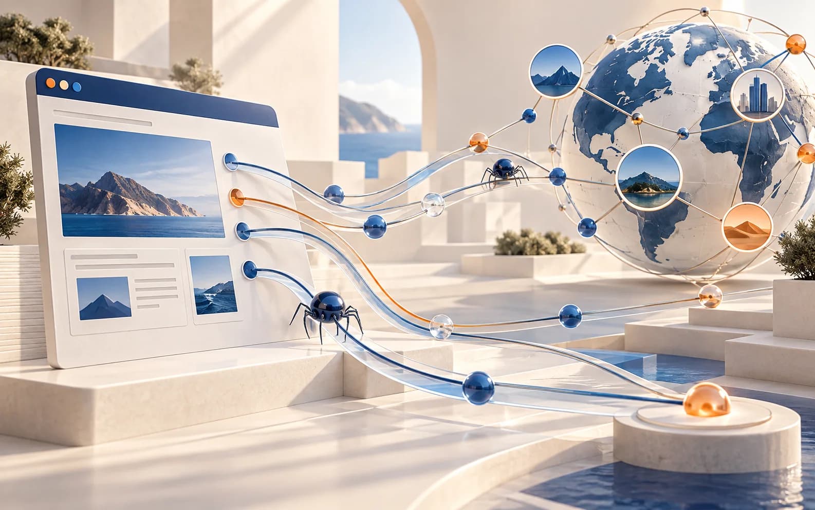 A crawlable web interface connected to a global network of search discovery paths