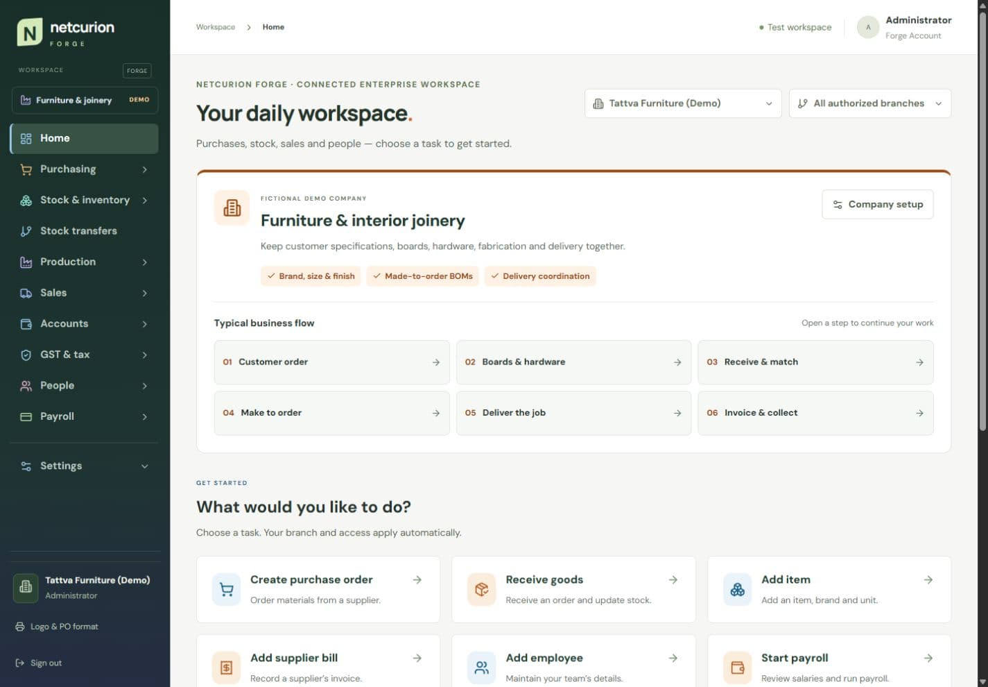Forge furniture and interior joinery workspace for a fictional demo company