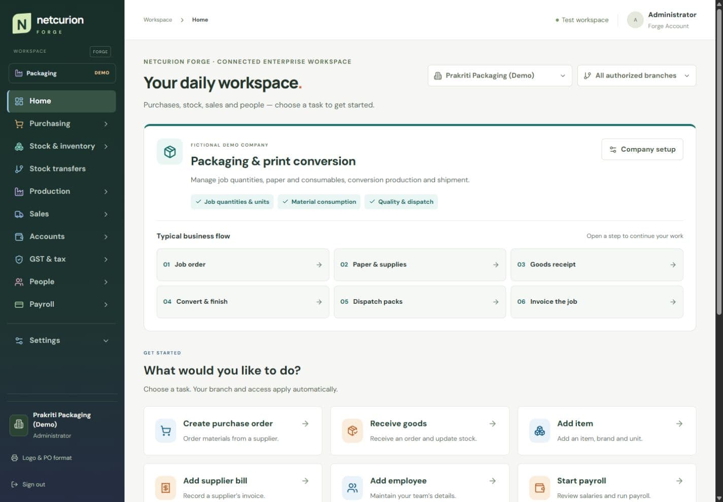 Forge packaging and print conversion workspace for a fictional demo company