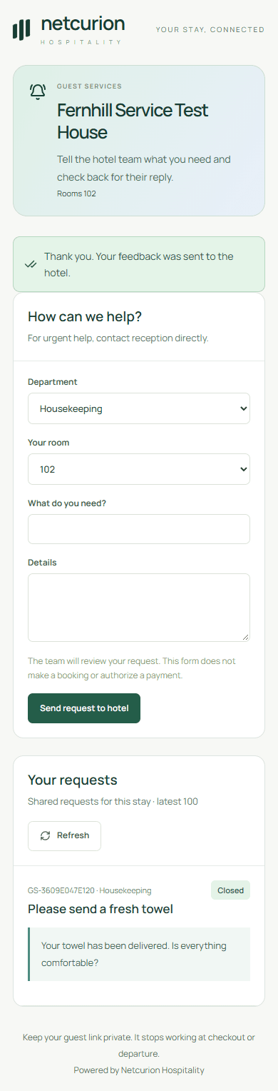 Mobile guest-service screen with a housekeeping request and hotel response