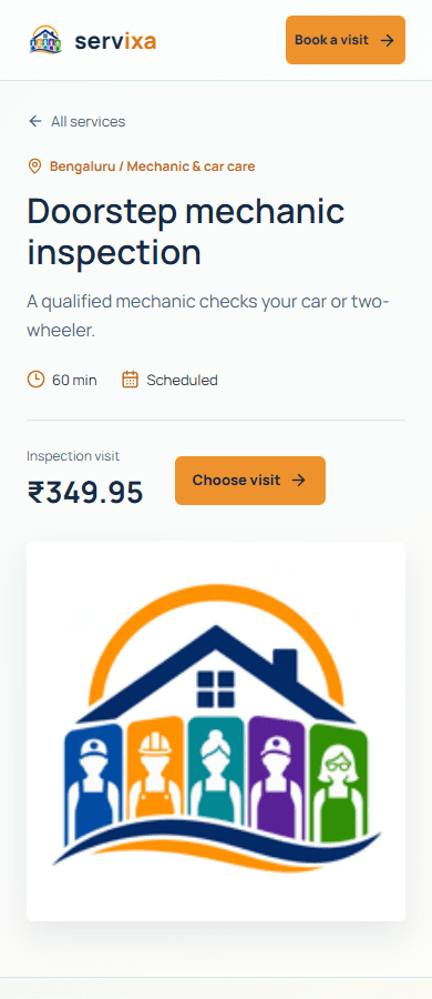 Servixa mobile web page showing a doorstep service and the booking entry point