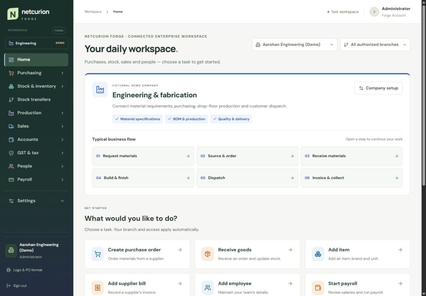 Netcurion Forge engineering workspace with purchasing, stock, production, sales, and people navigation in a fictional demo company