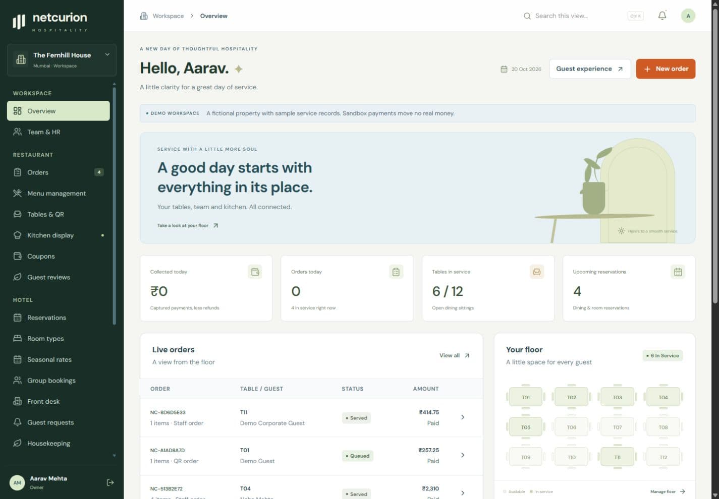 Netcurion Hospitality dashboard with service activity, restaurant orders, and the floor overview in the fictional Fernhill House demo