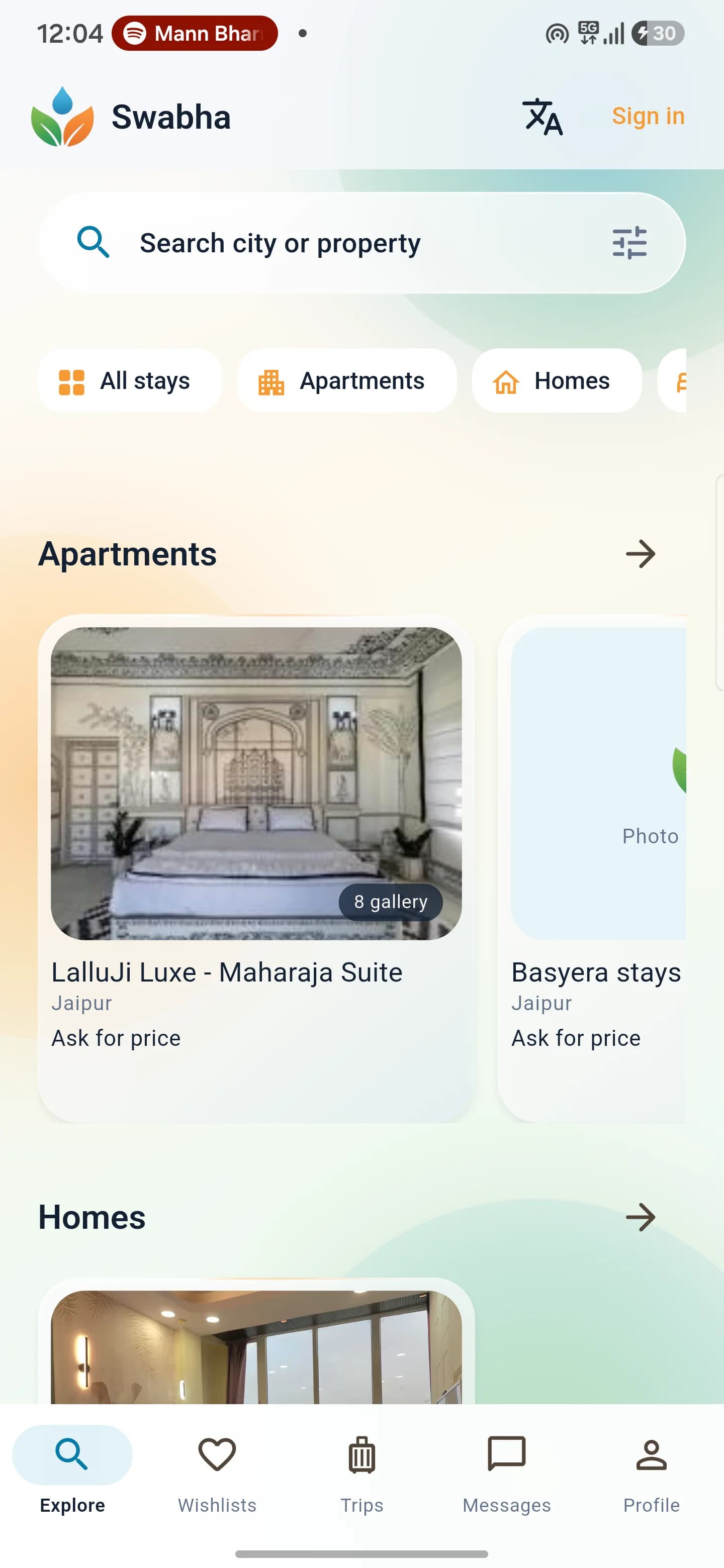 Swabha mobile application showing property search, stay categories, and guest navigation